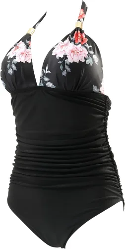 Vista 101 de RXRXCOCO - Traje de baño fruncido de una pieza, con cuello en V, para mujer, con control de abdomen y cuello halter