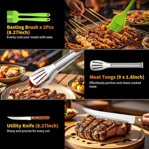 Vista 7 de Juego de accesorios para parrilla de 16 pulgadas, herramientas de accesorios para barbacoa de acero inoxidable resistente y accesorios para parrilla
