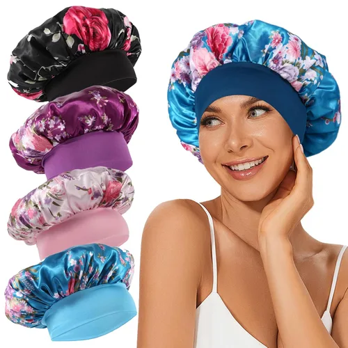 Vista 8 de 4 piezas de gorro de satén de seda, gorro de cabello para dormir, gorro de seda elástica de banda ancha para dormir, suave y transpirable Gorra