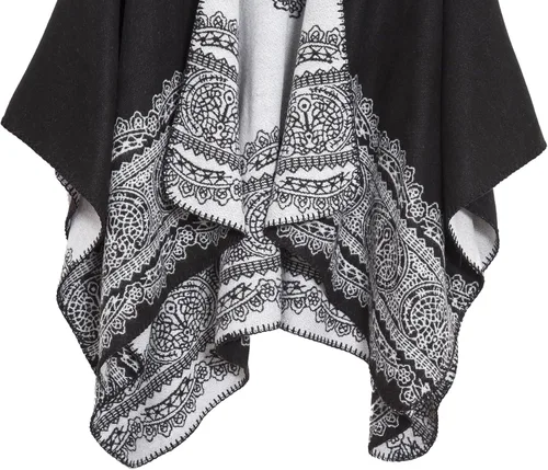 Vista 5 de Chal estilo poncho con frente abierto con patrón vintage, capa para mujer
