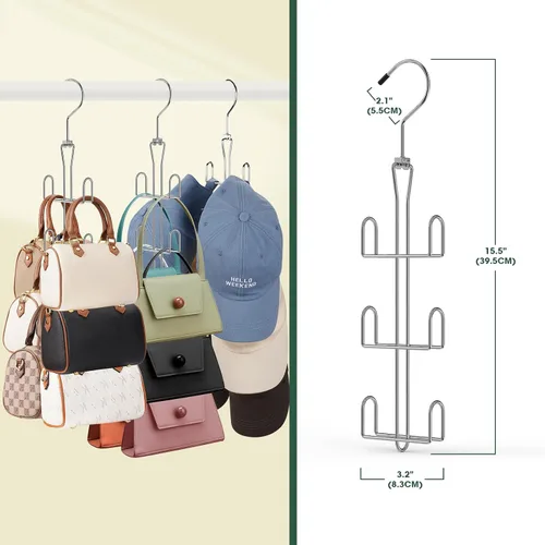 Vista 7 de Organizador de bolso para armario, organizador de bolsas de metal giratorio, soporte para bolsos, cinturones, bufandas, bolsos, sombreros