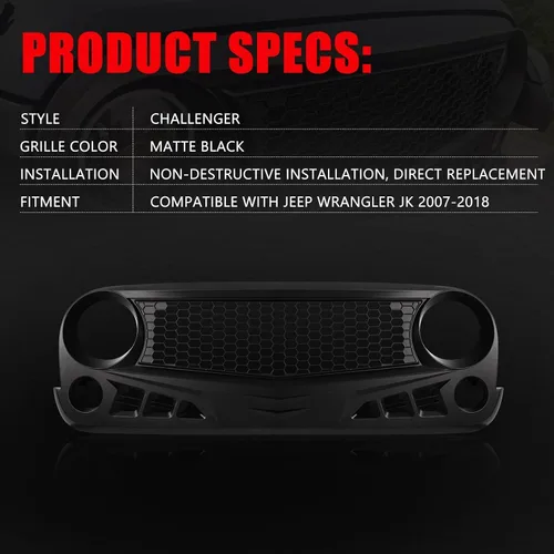 Vista 7 de Parrilla delantera con rejilla negra mate para Jeep Wrangler 2007-2018 Rubicon Sahara Sport JK JKU (Challenger)