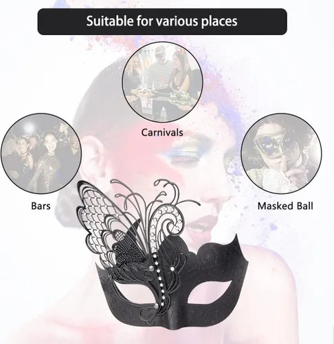 Vista 9 de IETANG Máscara de mascarada para parejas, juego de máscaras venecianas de Mardi Gras con collar y corbatín