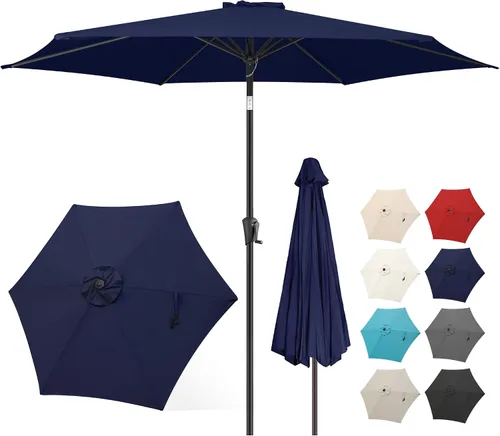 Vista 11 de FLAME&SHADE Sombrilla de patio de 11 pies, sombrilla de mesa para exteriores con botón de inclinación y manivela, protección UV, 8 varillas