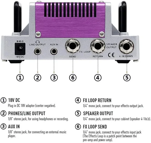 Vista 6 de Hotone Nano Legacy Purple Wind - Cabezal de amplificador de guitarra compacta de 5 vatios con ecualizador de 3 bandas