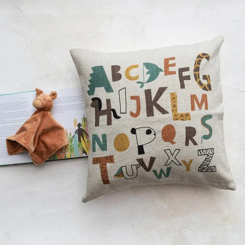 Vista 2 de Creative Co-Op Manta de algodón con estampado de alfabeto para niños, almohada multicolor, multicolor