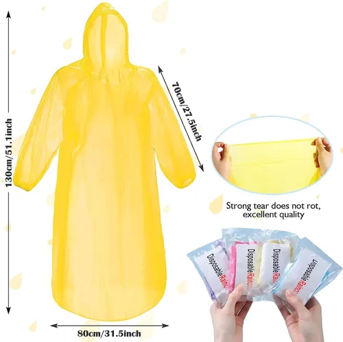 Vista 3 de Paquete de 12 ponchos de lluvia transparentes con capucha para adultos, familia, 3 colores, impermeables de emergencia de 51.1 pulgadas