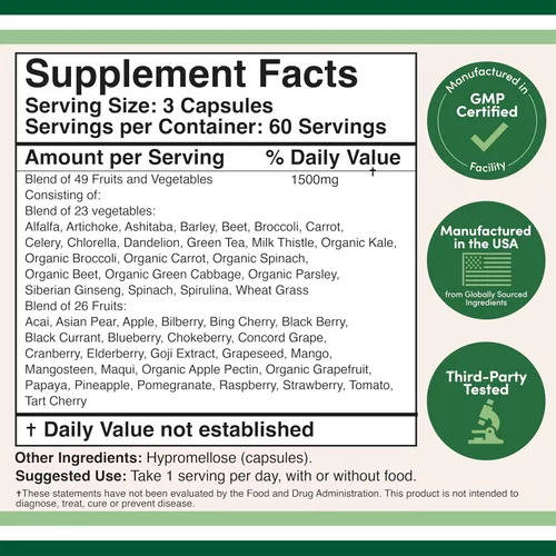 Vista 2 de Double Wood Suplemento de frutas y verduras (mezcla diaria de 49 frutas y verduras diferentes, 23 verduras y 29 frutas) porciones de 1,500 mg, 180