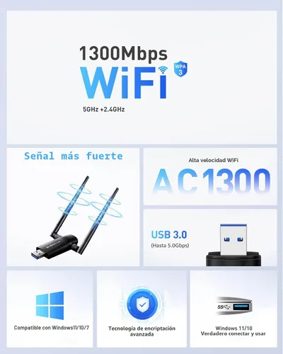 Vista 3 de Nineplus Adaptador WiFi USB inalámbrico para PC - 1300 Mbps Antenas duales 5Dbi 5G/2.4G Adaptador WiFi para PC de escritorio portátil
