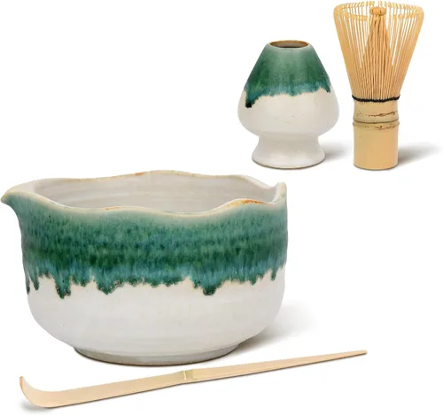 Vista 2 de Pottery Matcha Set – Tazón de té matcha japonés hecho a mano cuenco de esmalte mineral con boquilla, batidor de bambú, cuchara y soporte de Chasen