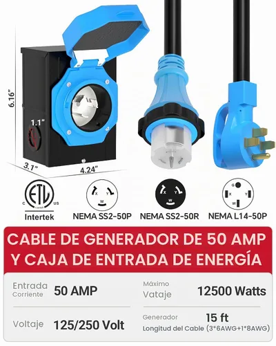 Vista 2 de Marsflex Cable generador de 50 amperios y 15 pies y caja de entrada