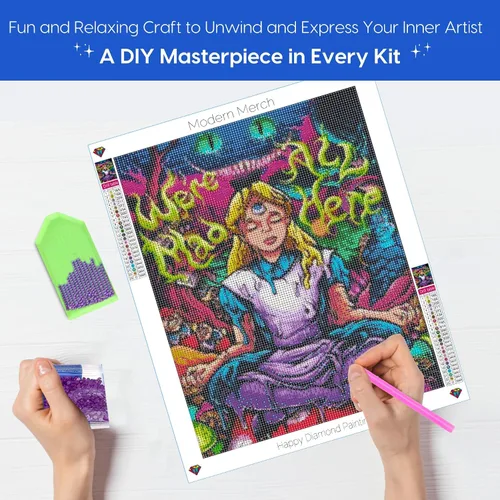 Vista 6 de Kits de Arte de Diamantes de Modern Merch Alicia en el País de las Maravillas para Adultos 'Todos Estamos Locos Aquí' Pintura de Diamantes 5D