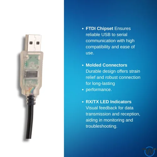 Vista 3 de Wirenest Cable de módem nulo USB a RS232 - 6 pies DB9 hembra Chipset FTDI LEDs RX/TX Conectores moldeados Todas las líneas de datos