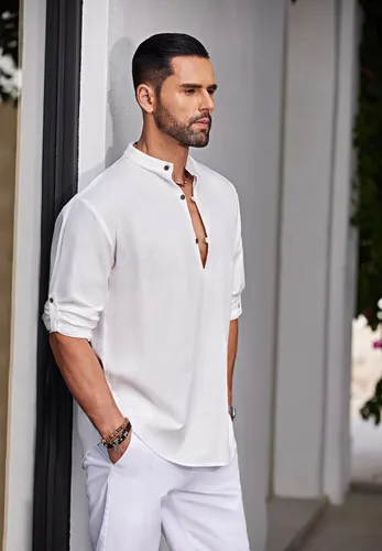 Vista 3 de COOFANDY Camisa Henley de algodón y lino para hombre, estilo casual, para playa, hippie, camisetas de manga larga