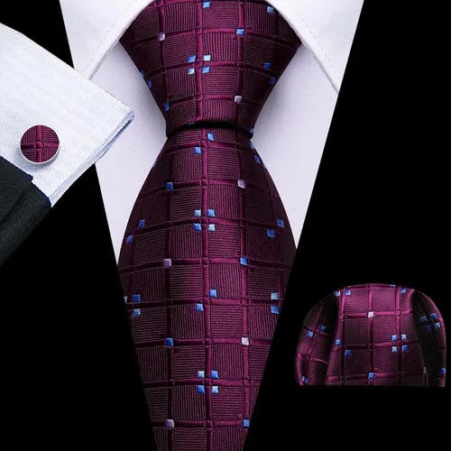 Vista 107 de Barry.Wang Juego de corbatas a cuadros para hombre con pañuelo gemelos de rayas clásicas