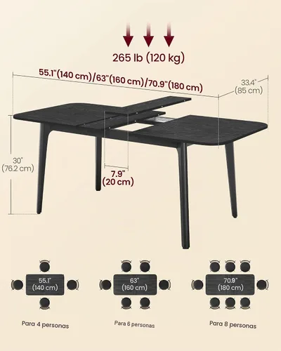 Vista 2 de VASAGLE Colección MAEZO - Mesa de comedor extensible para 4/6/8, mesa de cocina con patas cónicas, transiciones curvas, para comedor, cocina