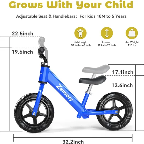 Vista 2 de Toddler Balance Bike Age 2-5, 12 Inches, Tool-Free Adjustable Azul