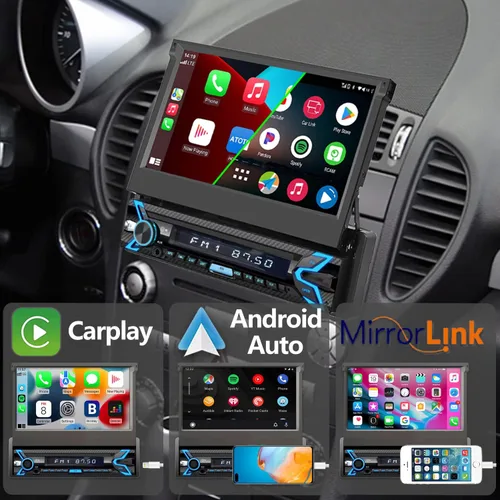 Vista 2 de Naifay Estéreo de coche de un solo DIN compatible con Apple Carplay y Android Auto, radio de coche con pantalla táctil de 7 pulgadas abatible