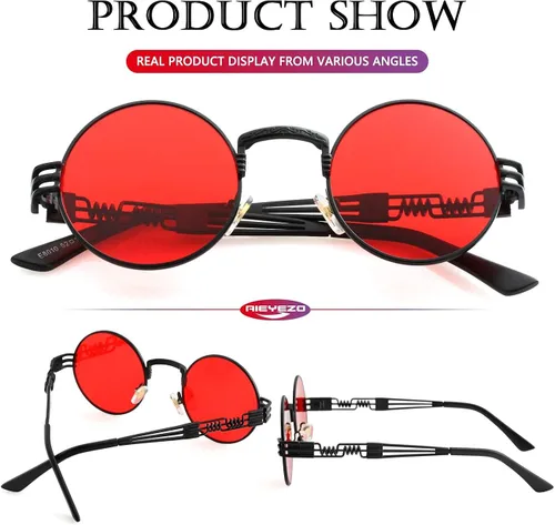 Vista 7 de AIEYEZO Gafas de sol redondas steampunk Circle Lennon Hippie marco de metal lente de bloqueo UV 100