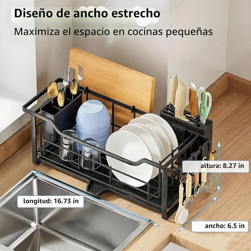 Vista 3 de AIDERLY Escurridor estrecho de platos para encimera de cocina, drenaje automático, escurridor de platos de hierro con cesta extraíble para Negro