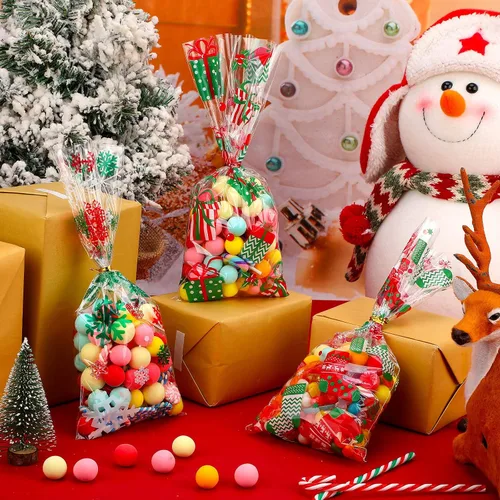 Vista 3 de 120 bolsas de regalo de Navidad, bolsas de celofán de Navidad, bolsas de dulces, bolsas de golosinas con 200 lazos giratorios para fiestas