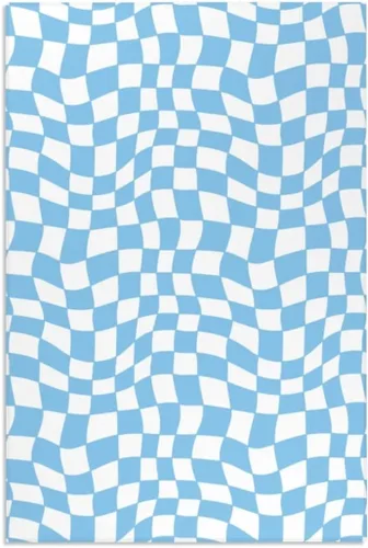 Vista 3 de Alfombra ondulada azul única con diseño de cuadros para sala de estar, extra grande, lavable a máquina, alfombra de pasillo de cocina, alfombra