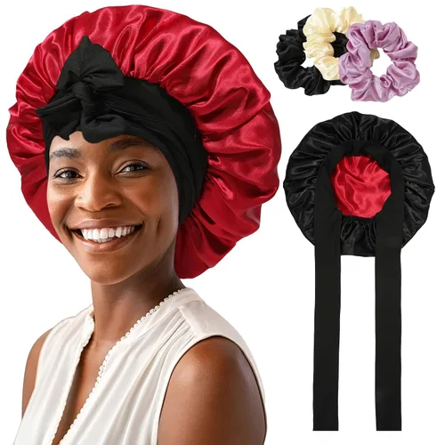 Vista 17 de Gorro de satén para mujer, con banda de amarre para el cabello, para dormir, grande de 2 capas, gorro de dormir de seda para dormir con 3 coleteros