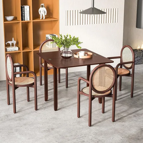 Vista 8 de GOFLAME Mesa de comedor extensible para 4, mesa de cocina plegable con compartimento de almacenamiento y patas de madera de goma, mesa de comedor
