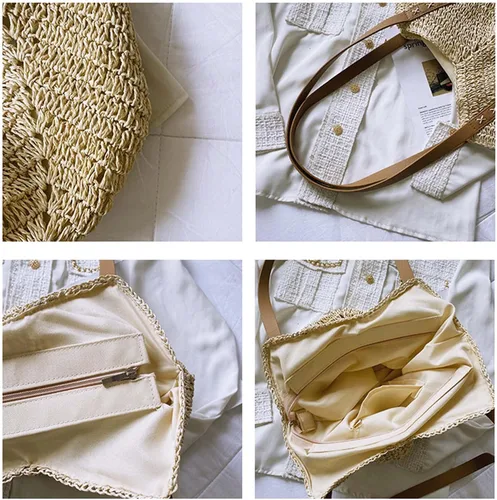 Vista 3 de ZNMDOK Bolsa de paja para mujer, bolsa de playa de verano, bolsa de hombro tejida grande con red de pesca