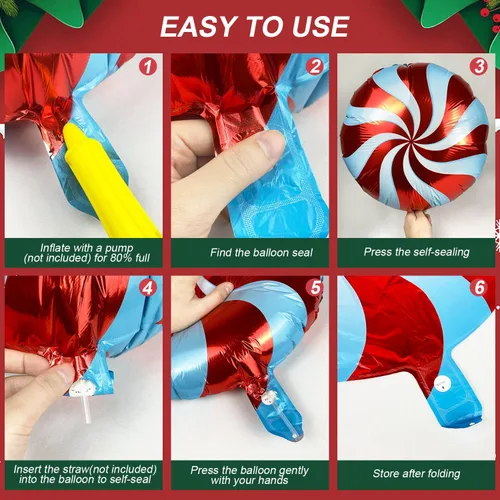 Vista 4 de 28 globos de papel de aluminio de Navidad de bastón de caramelo con cintas, globos de Mylar para decoración de fiestas
