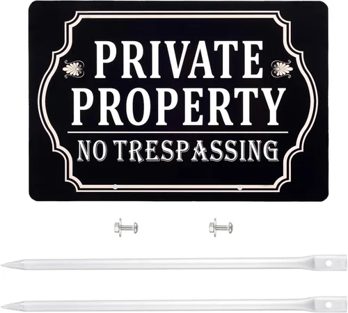 Vista 3 de Kichwit Señal de propiedad privada No Trespassing de doble cara, aluminio, letrero de no trespassing para suelo, mide 12 x 8 pulgadas, estacas