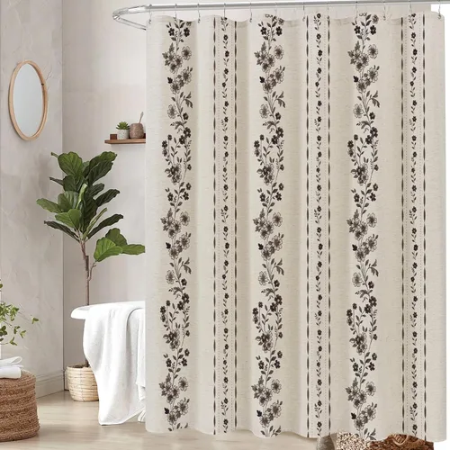 Vista 8 de ORTIGIA Cortinas de ducha negras para baño, juego de cortina de ducha moderna de lino con ganchos de metal, floral, impermeable, vintage, tela