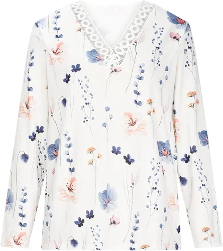 Vista 4 de Camisetas con estampado floral para mujer, con encaje de ganchillo, cuello en V, manga larga, estilo casual, holgadas