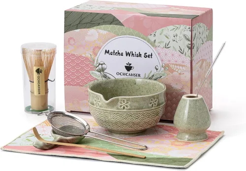 Vista 8 de Juego de té Matcha, kit japonés de 8 piezas con cuenco cerámico de diseño de flores de cerezo y olas, batidor de bambú, soporte para batidor