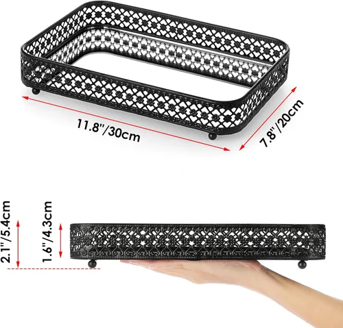 Vista 2 de ELLDOO - Bandeja negra para perfumes y maquillaje, bandeja de joyería con talla hueca, organizador de vidrio y metal para baratijas para cómoda