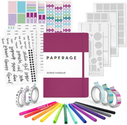 Vista 8 de PAPERAGE Kit de diario de viñetas, juego de diario punteado y kit estacionario, cuaderno de tapa dura con puntos (rubor), 12 bolígrafos finos, 8