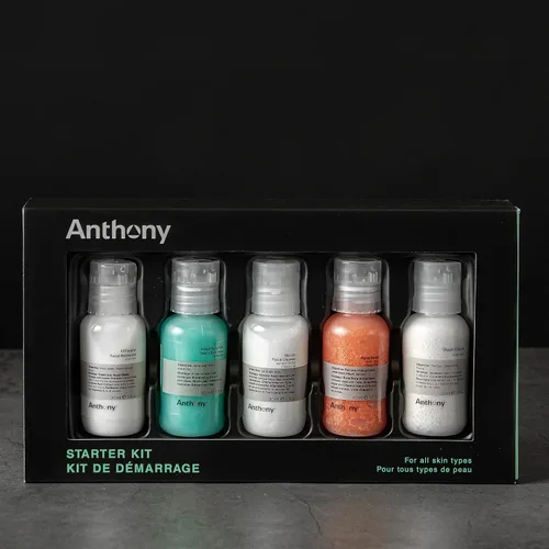 Vista 2 de Anthony Kit de iniciación, 5 unidades, limpiador facial glicólico, exfoliante facial, hidratante facial multiusos, gel de baño vigorizante
