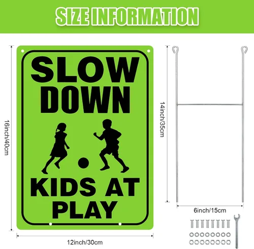 Vista 2 de Zonon 4 juegos de señales de seguridad para niños en juego con alambre de metal en H, tornillos reflectantes, impermeables, precaución para niños