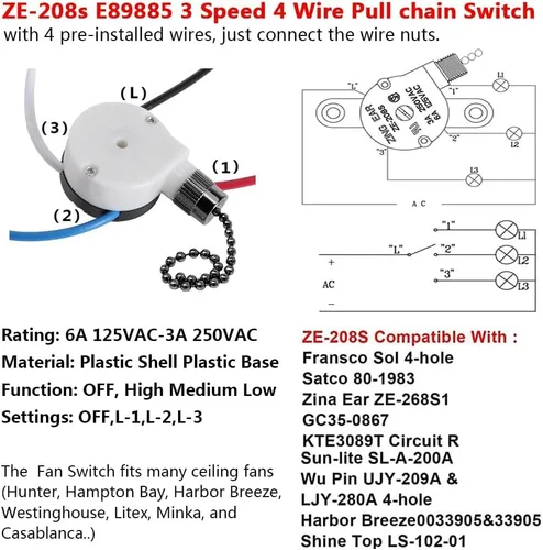 Vista 2 de Ventilador de techo de 3 velocidades, con 4 cables preinstalados, Zing Ear ZE-208s E89885 Interruptor de cadena de tracción de 4 cables, pieza
