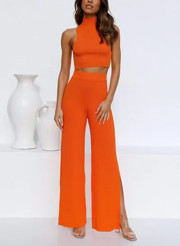 Vista 7 de ARTFREE Conjunto de 2 piezas para mujer, ropa de calle, pantalones palazzo de pierna ancha de punto acanalado y tops recortados