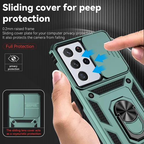 Vista 4 de Funda para teléfono S21 Ultra, con funda para cámara, [grado militar] 16 pies. Funda probada contra caídas con funda protectora magnética para Verde