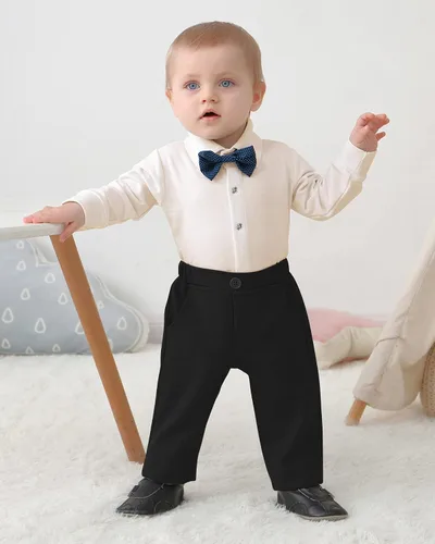 Vista 3 de DISAUR Ropa para bebé niño pequeño, 4 piezas, vestido de caballero, chaleco, pantalones, corbatín, conjuntos de traje de algodón