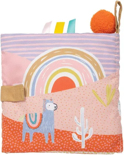 Vista 2 de Manhattan Toy Libro de actividades suave con temática de llama para bebés con chirriador, papel arrugado y espejo seguro para bebés, pequeño