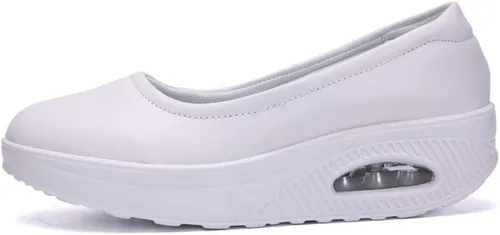 Vista 4 de Mocasines de cuña para mujer, cómodos zapatos de suela gruesa con amortiguación de aire, plataforma antideslizante, zapatos de enfermería de cuero