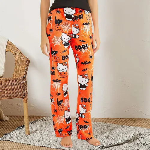 Vista 7 de Pijamas de anime de Halloween para mujeres y niñas, dibujos animados de gato, todos los personajes, franela, pantalones de pijama para dormir