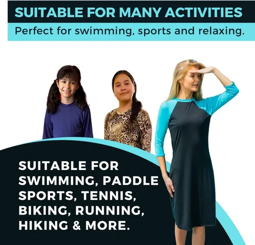 Vista 5 de Vestido de natación para niñas con protección solar UPF 50+, manga 34, vestido de traje de baño activo de alto rendimiento, traje de baño modesto