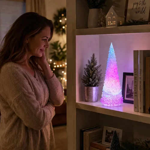 Vista 4 de MOMENTS IN TIME Árbol de Navidad acrílico que cambia de color con luz LED, decoración navideña de mesa, funciona con pilas, efecto de cristal