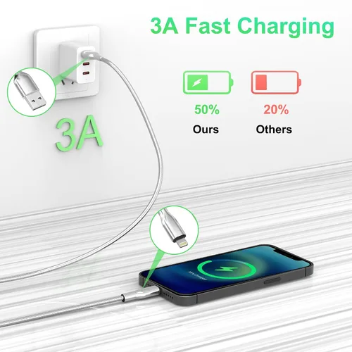 Vista 3 de Cable USB a Lightning de 6.6 pies a prueba de mordidos, cable de carga para iPhone a prueba de perros y gatos, cable de carga para iPhone plateado