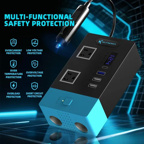 Vista 6 de Inversores de corriente de 300 W, convertidor de 12 V CC a 110 V CA para vehículos, 2 salidas de CA, 1 USB 2.4 A, 1 USB-C de 25 W, 2 adaptadores