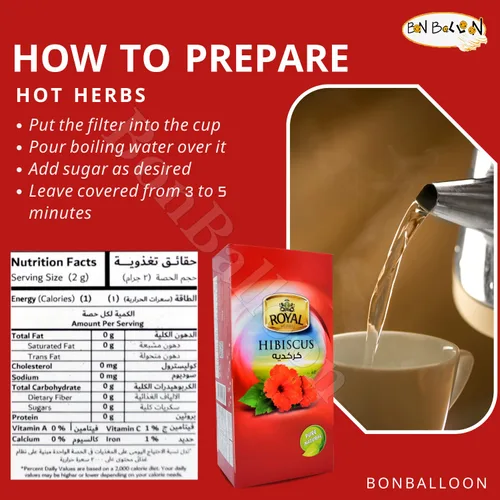 Vista 2 de Royal Natural Hibiscus Flower Tea Bags Pure Natural Seco Roselle Egipcio Herbario Libre de Cafeína Egipto Asuani Asuán Chai Hybiscus Hibscus Té